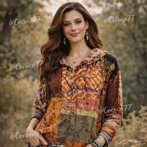 Chicos Patchwork hooded Boho Jacket rayon  boho Lightweight size 2 extra large